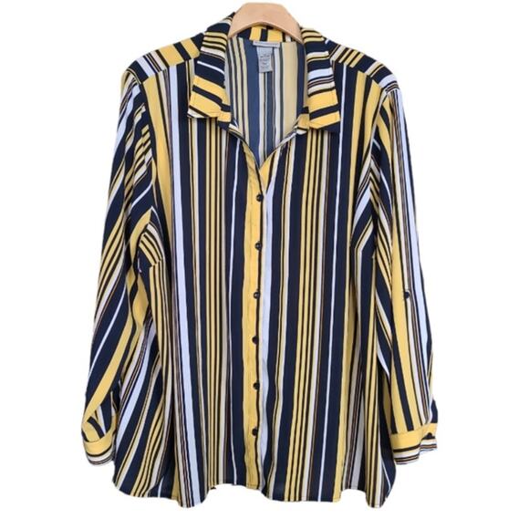Catherine's Striped Button Up Roll Tab Shirt 4X Blue Multi Office Preppy Stretch - Picture 1 of 10